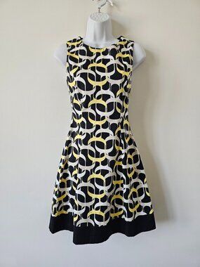 SANDRO FERRONE Black Yellow Cotton Stretch Boat Neck A-Line Dress 40/4, Italy